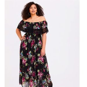 BLACK FLORAL OFF THE SHOULDER CHIFFON MAXI DRESS